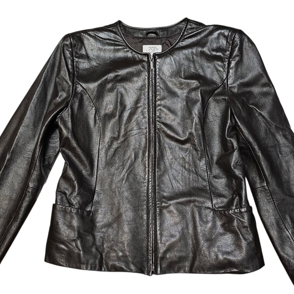 Ann Taylor LOFT 100% Genuine Leather Collarless Biker Jacket Size M Brown Zip Up